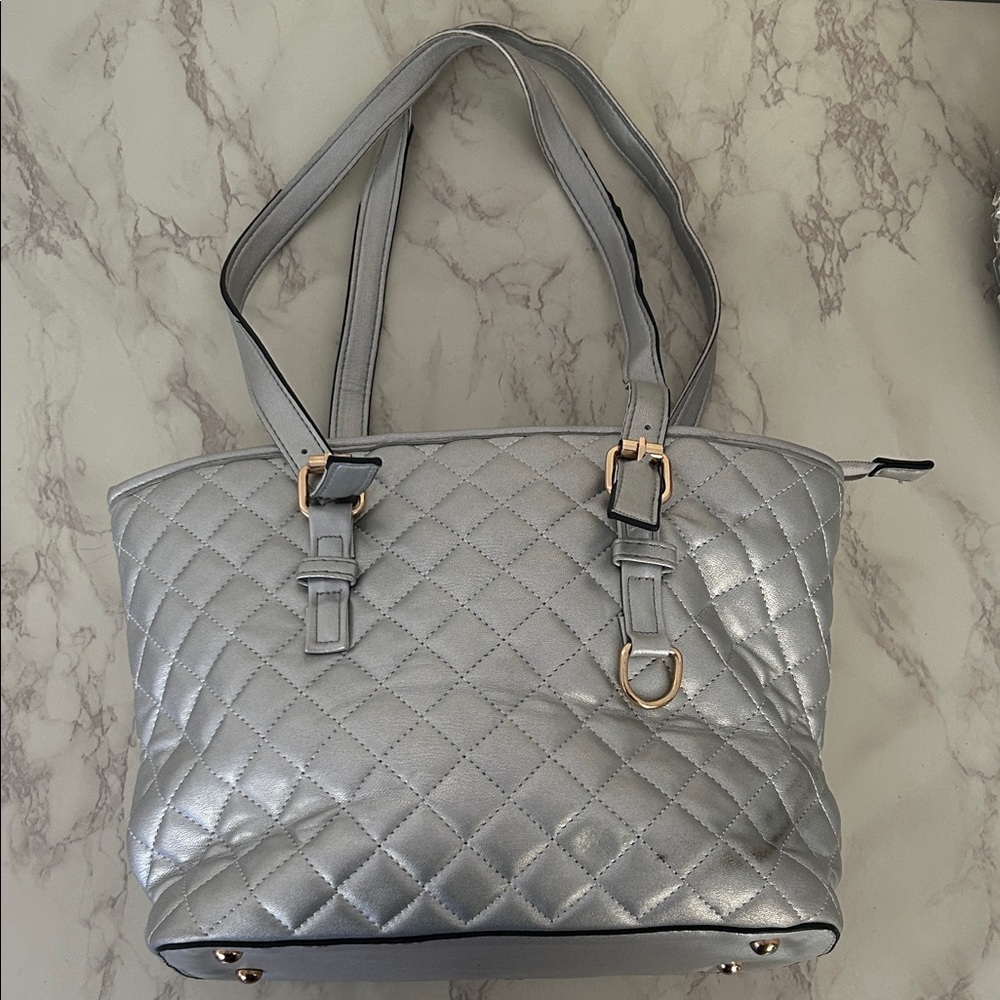 Silver Quilted Tote Bag